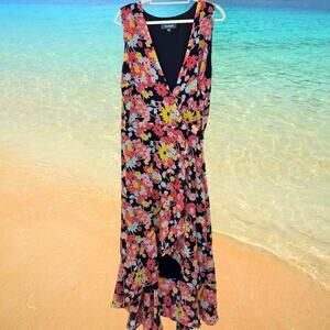 Modcloth Womens Bali Breeze Wrap Dress Size 2X Floral Retro Flowy Chiffon Black